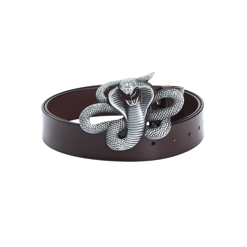 Ceinture homme Joséphine en cuir marron café avec une boucle argentée 3D en forme de serpent stylisé.