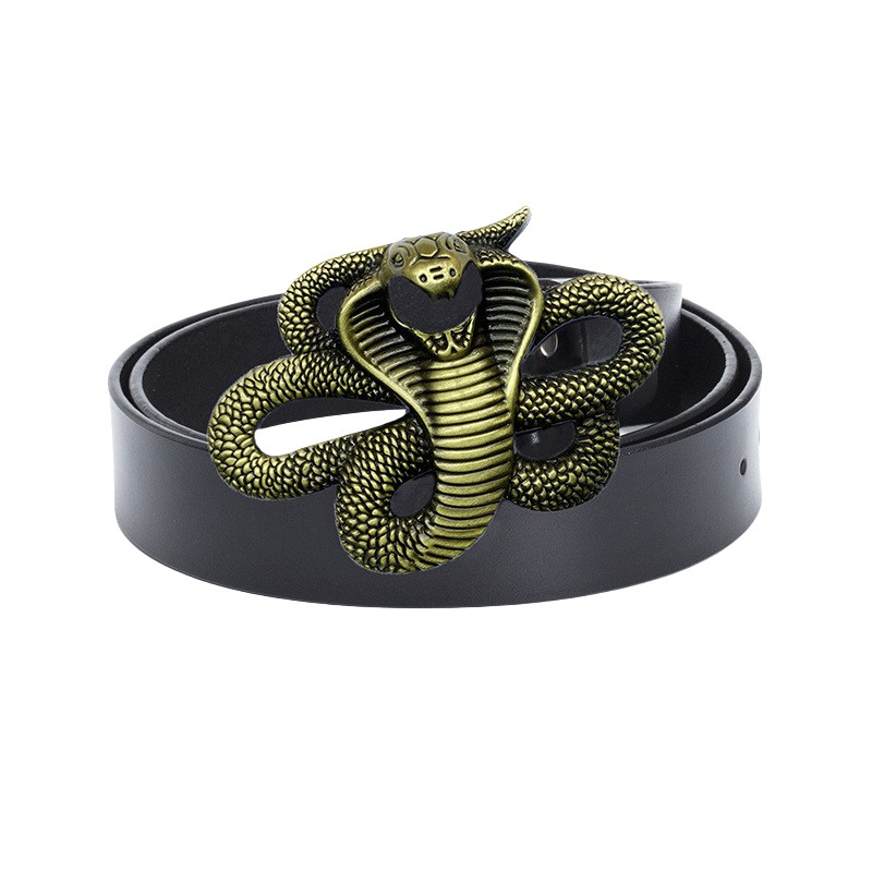 Ceinture Joséphine noire pour homme avec une boucle 3D dorée en forme de serpent stylisé.