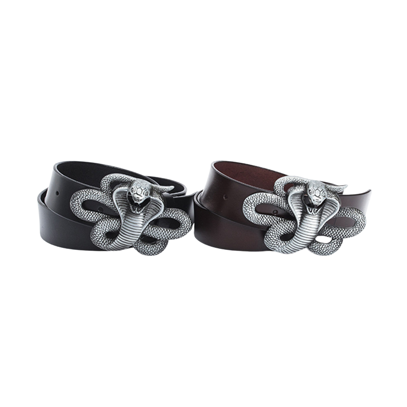 Ceinture Joséphine homme en cuir noir et café avec boucle cobra 3D argentée