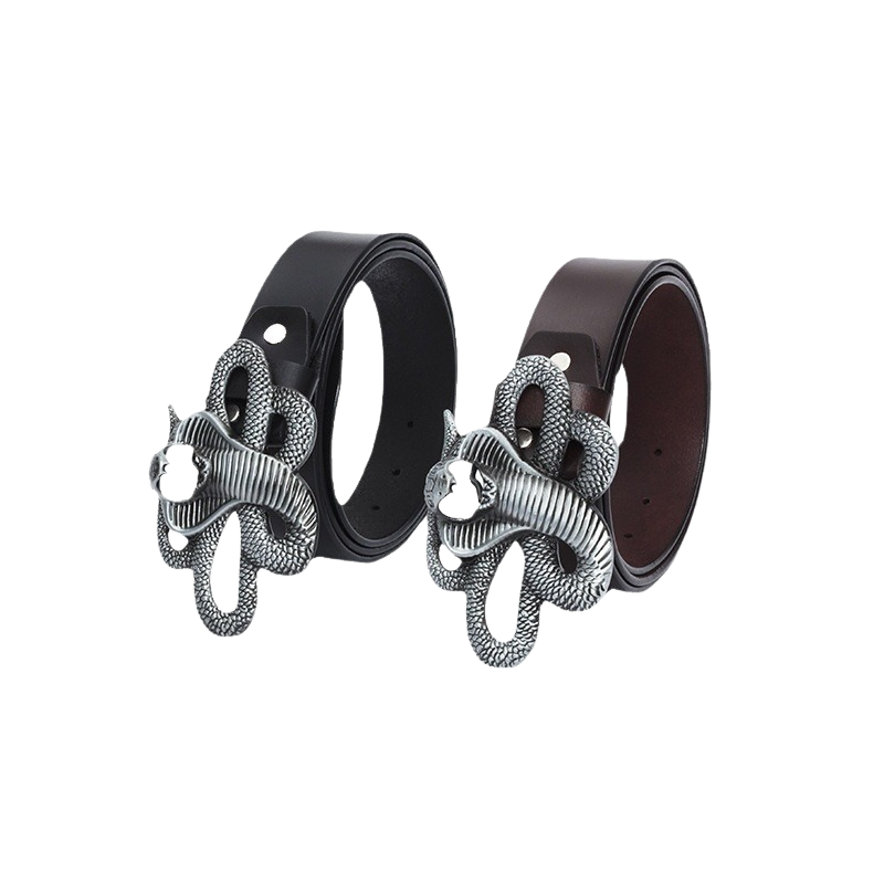 Ceinture homme Joséphine en cuir noir et marron avec boucle imposante en forme de serpent stylisé en alliage argenté.