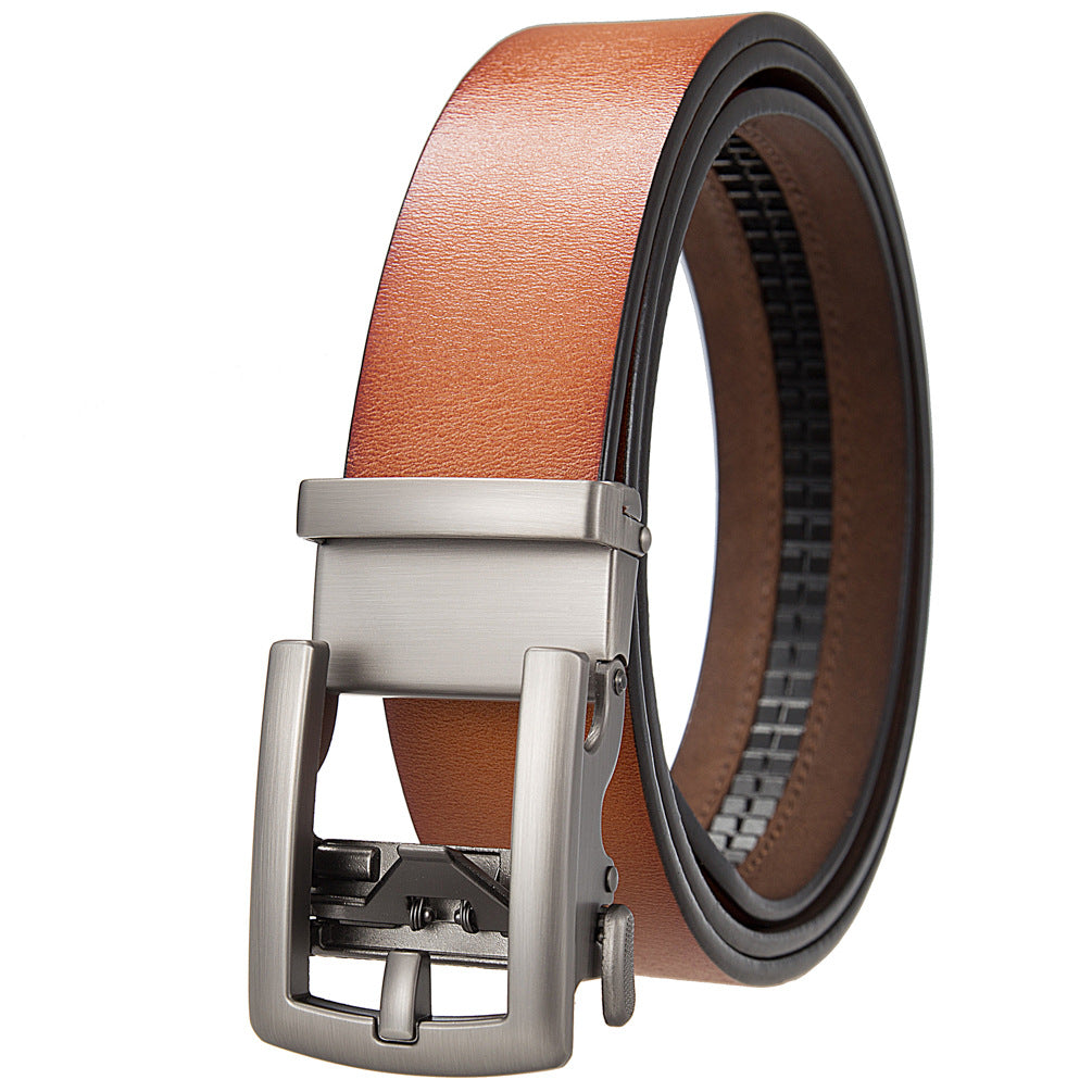 Ceinture Jules homme marron en cuir refendu avec boucle automatique rectangulaire en métal argenté.