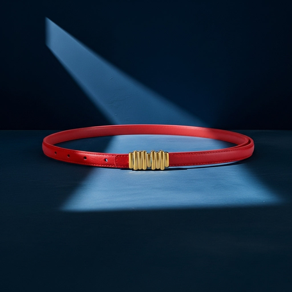 Ceinture fine rouge en cuir Juliette avec boucle dorée géométrique et finition brillante. #fullwidth