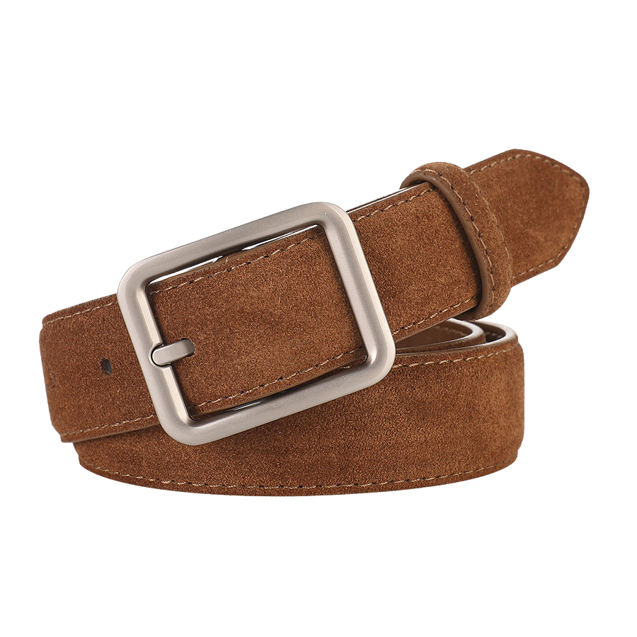 Ceinture femme Justesse en suède marron avec boucle carrée argentée minimaliste.