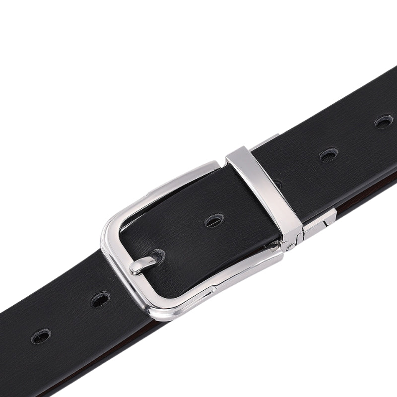 Ceinture homme Justin en cuir noir avec boucle ardillon argentée réversible et finition lisse.