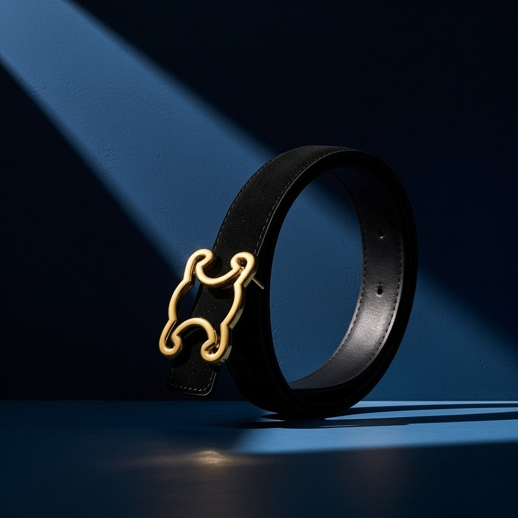 Ceinture noire en suède pour femme, modèle Justine, avec une boucle décorative dorée au design baroque inspiré de l'Arc de Triomphe. #fullwidth