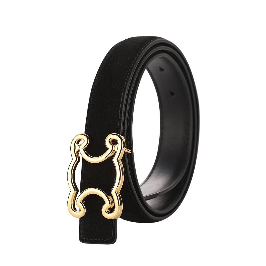 Ceinture femme Justine en cuir suédé noir avec boucle dorée baroque inspirée de l'Arc de Triomphe.