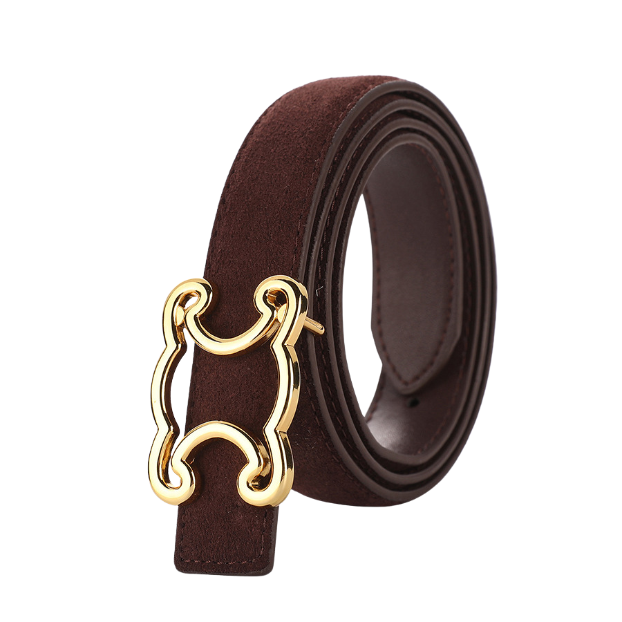 Ceinture femme Justine en cuir suédé marron avec boucle dorée baroque inspirée de l'Arc de Triomphe
