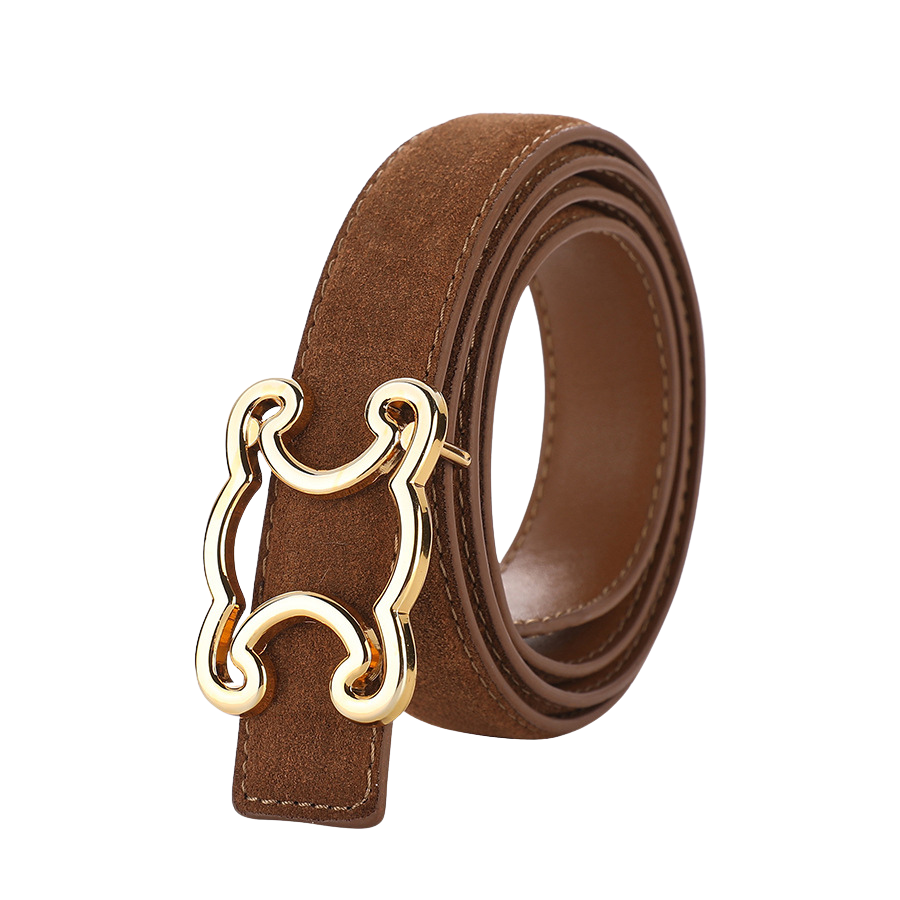 Ceinture marron en suède pour femme, modèle Justine, avec boucle dorée baroque distinctive.