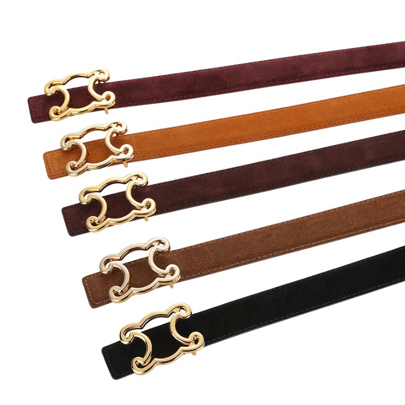 Ceintures Justine en cuir suédé avec boucles dorées inspirées de l'Arc de Triomphe, disponibles en bordeaux, caramel, marron foncé, marron clair et noir.