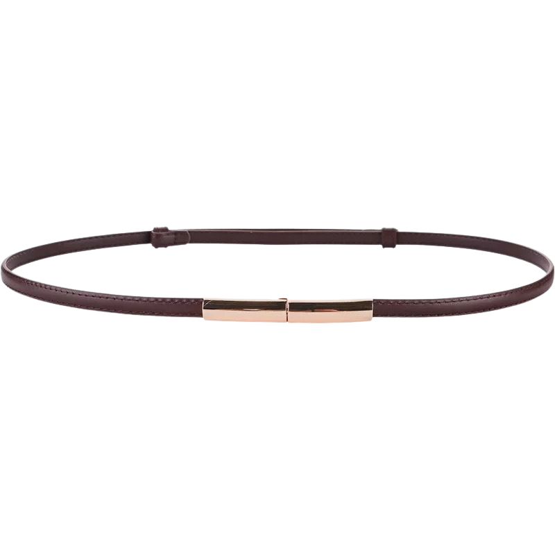 Ceinture fine Karité en cuir daim marron avec fermoir doré rectangulaire à double crochet.