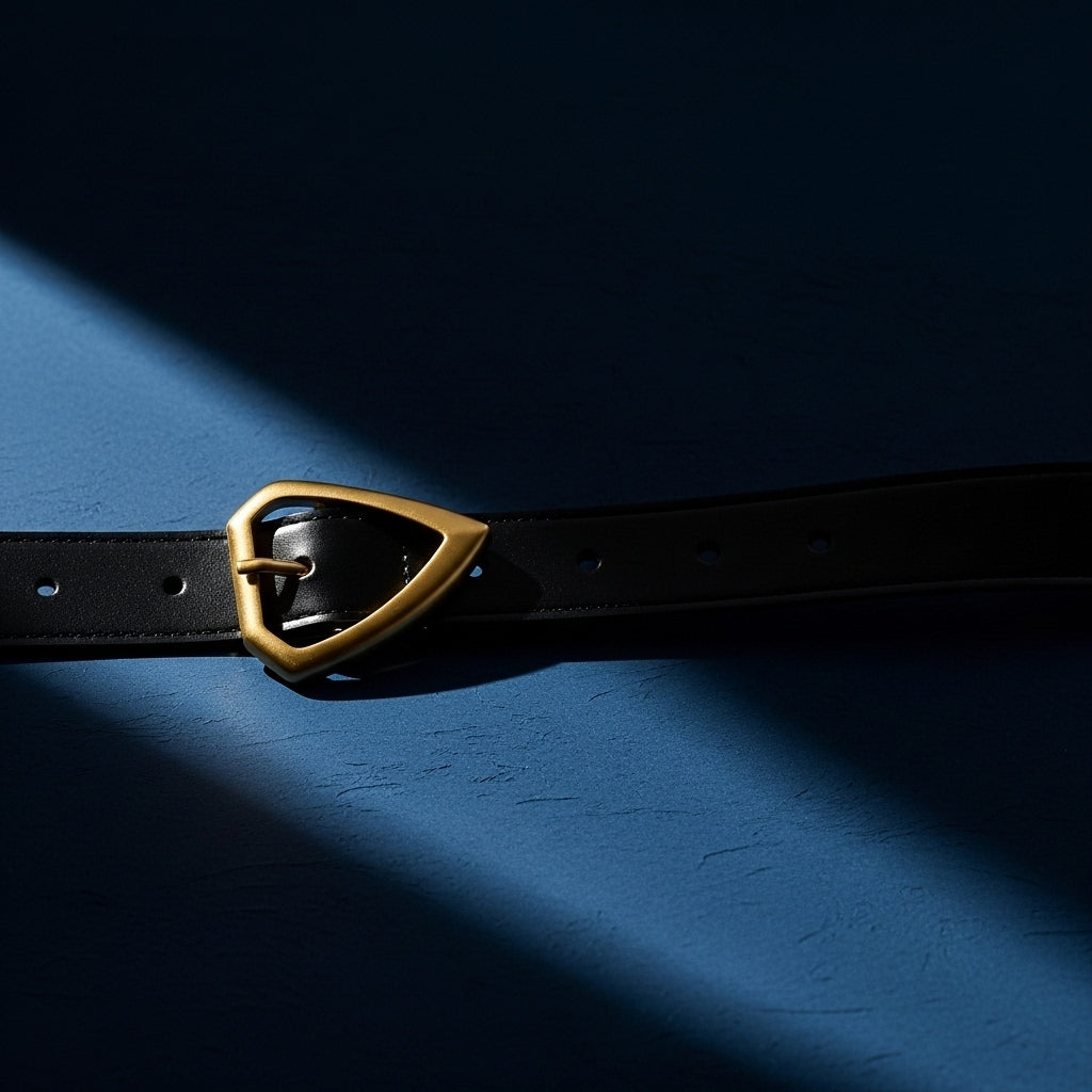 Ceinture Kloé noire en cuir lisse avec une boucle ardillon triangle dorée sur fond bleu #fullwidth