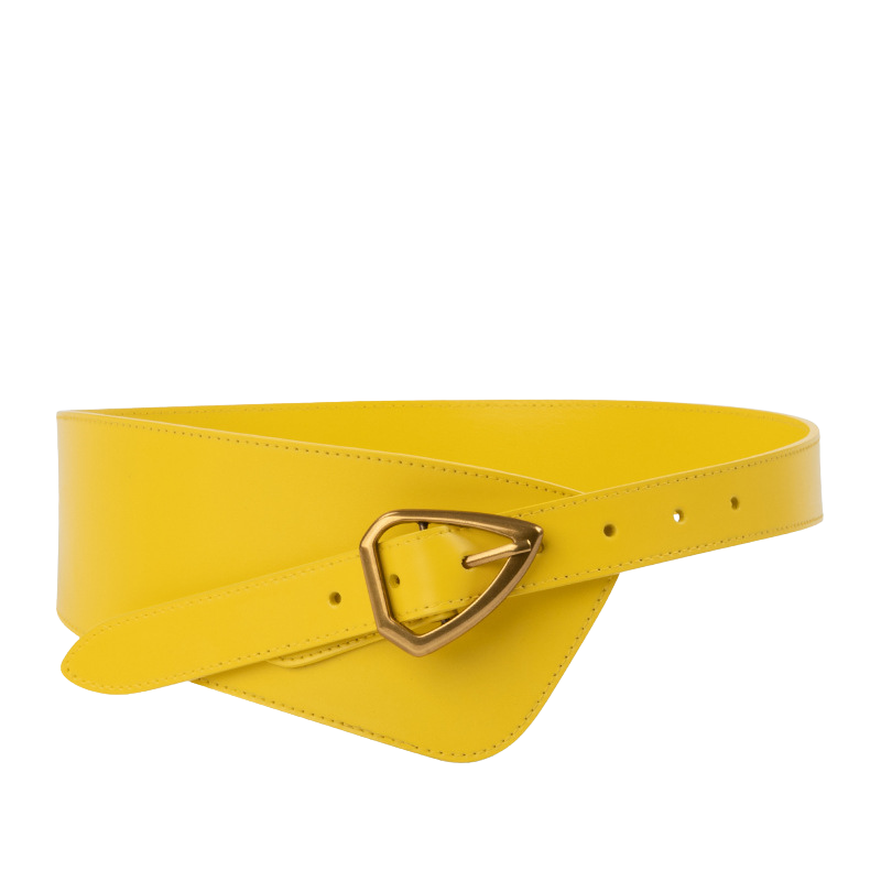 Ceinture femme Kloé en cuir jaune avec boucle ardillon triangle en métal doré