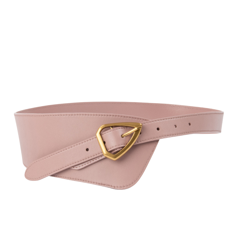 Ceinture femme Kloé rose en cuir avec boucle dorée en forme de triangle.
