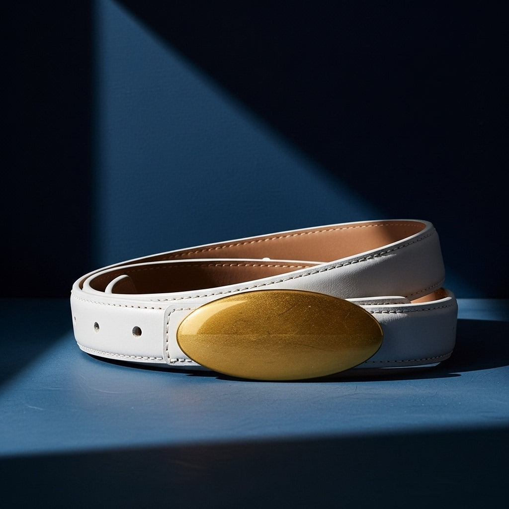 Ceinture Lætitia pour femme en simili cuir blanc lisse avec une boucle ovale dorée mate à finition texturée, style bohème et vintage. #fullwidth