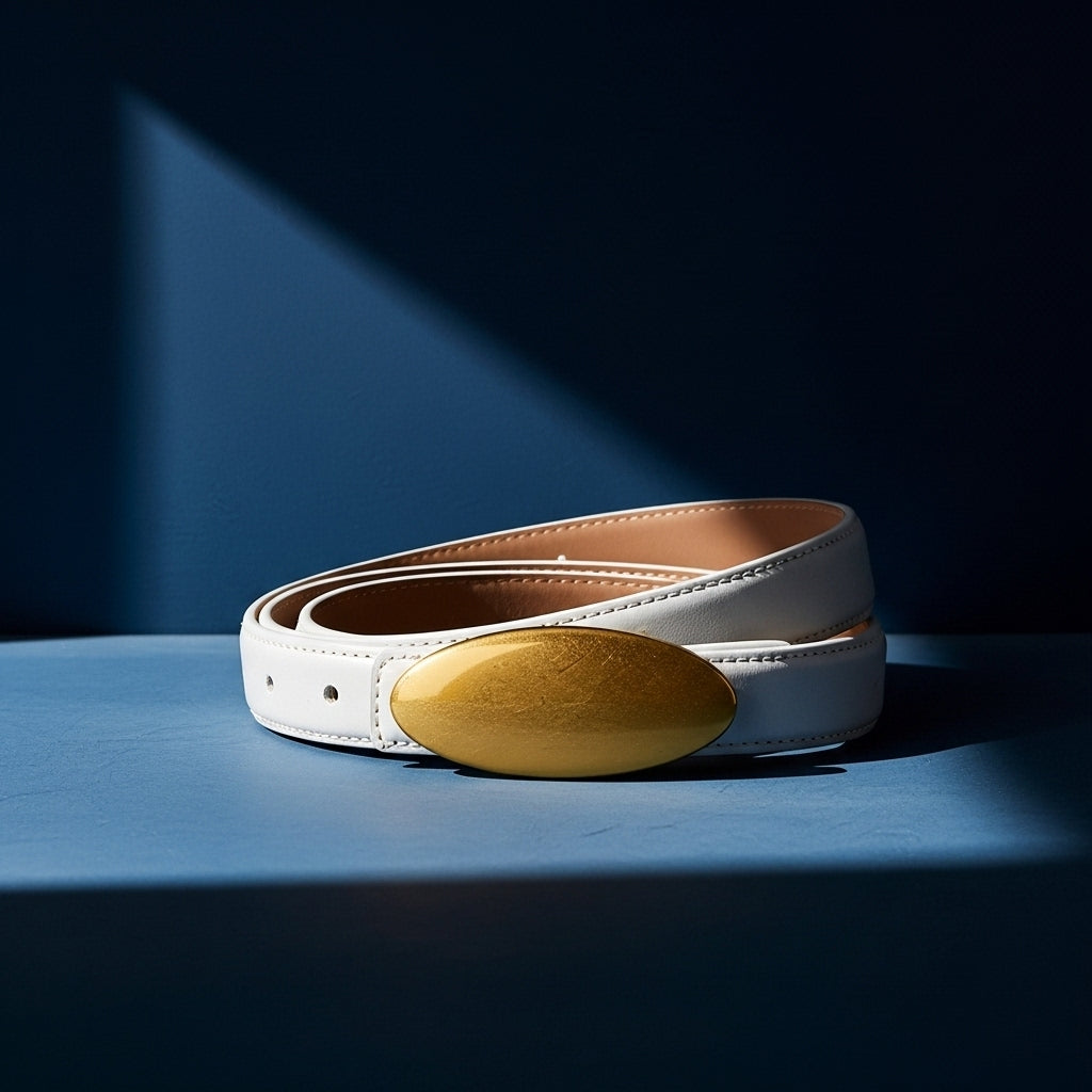 Ceinture femme Lætitia en simili cuir blanc lisse avec une boucle ovale dorée mate, style bohème. #fullwidth