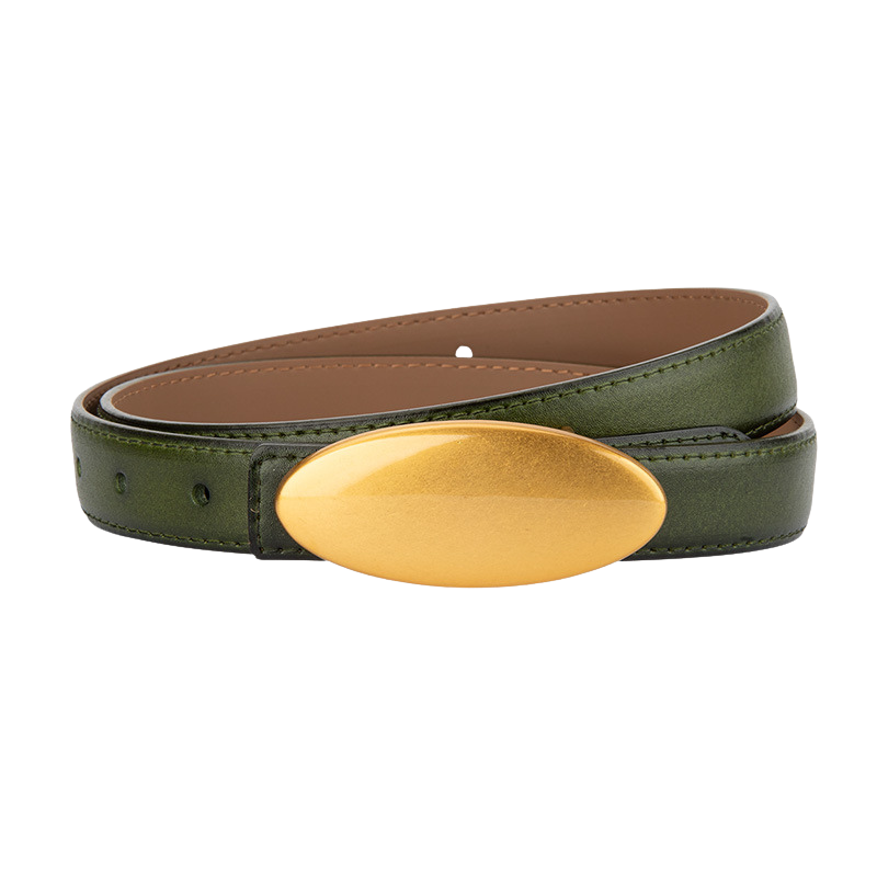 Ceinture femme Lætitia en simili cuir vert foncé avec boucle dorée mate de forme ovale allongée, style bohème.