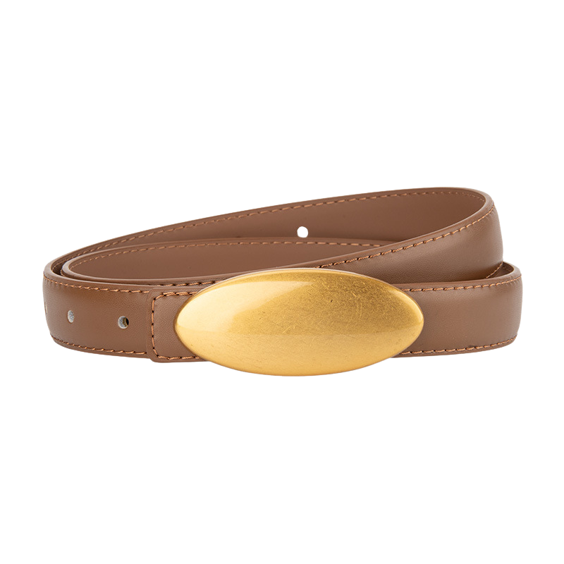 Ceinture femme Lætitia en simili cuir marron avec une boucle ovale dorée mate. Largeur 4 cm, longueur 105 cm.