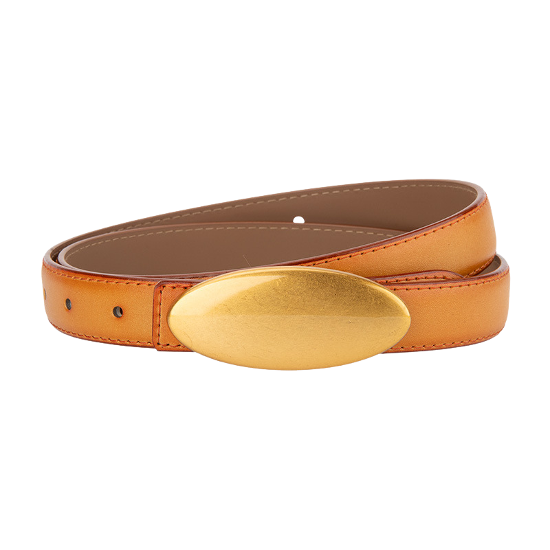 Ceinture femme Lætitia en simili cuir synthétique marron clair avec boucle ovale dorée mate et coutures apparentes.