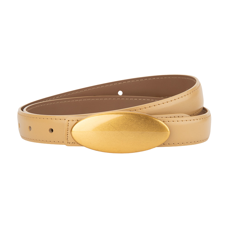 Ceinture femme Lætitia en simili cuir beige verni avec une boucle ovale dorée mate aspect brossé. Largeur 4 cm. Un accessoire tendance pour un look bohème.