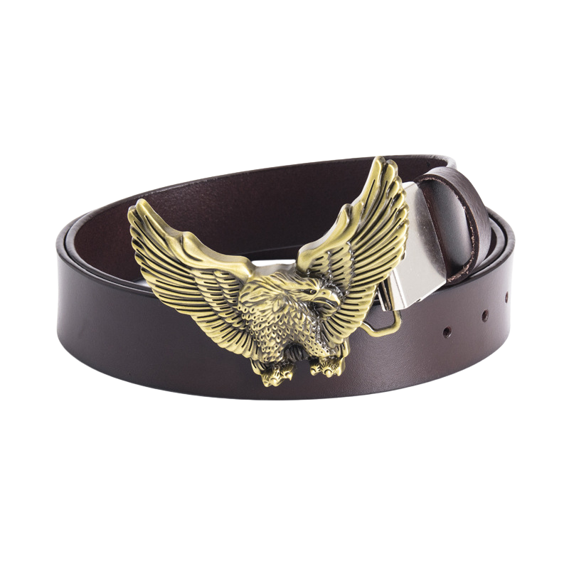 Ceinture homme La Fronde en cuir marron avec une boucle dorée en forme d'aigle aux ailes déployées.