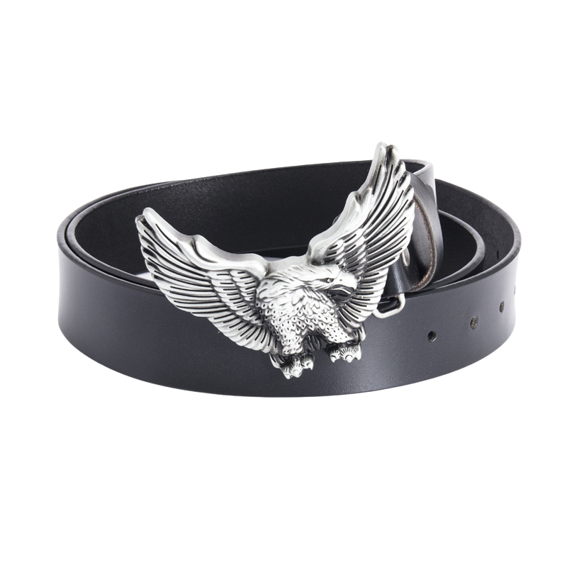 Ceinture homme La Fronde en cuir noir avec boucle aigle argenté aux ailes déployées