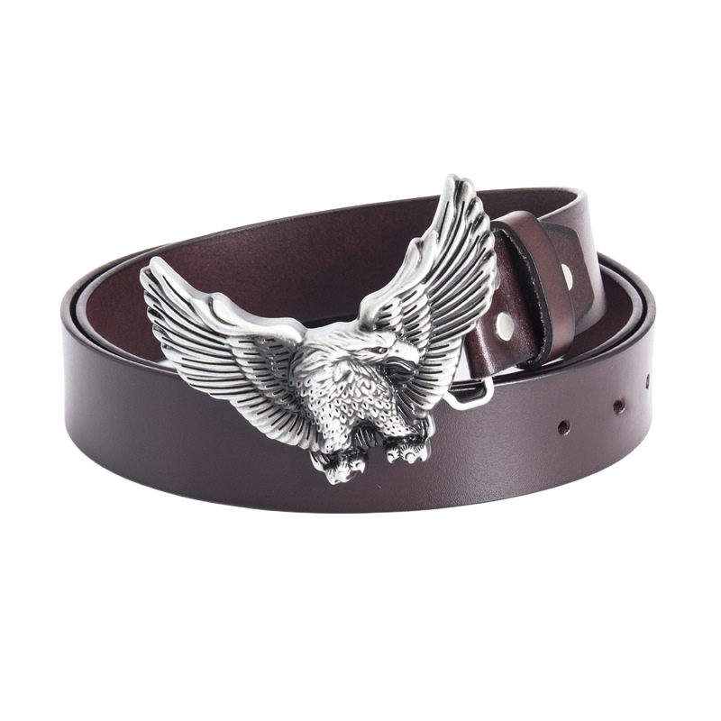 Ceinture homme La Fronde en cuir marron avec boucle aigle argenté aux ailes déployées