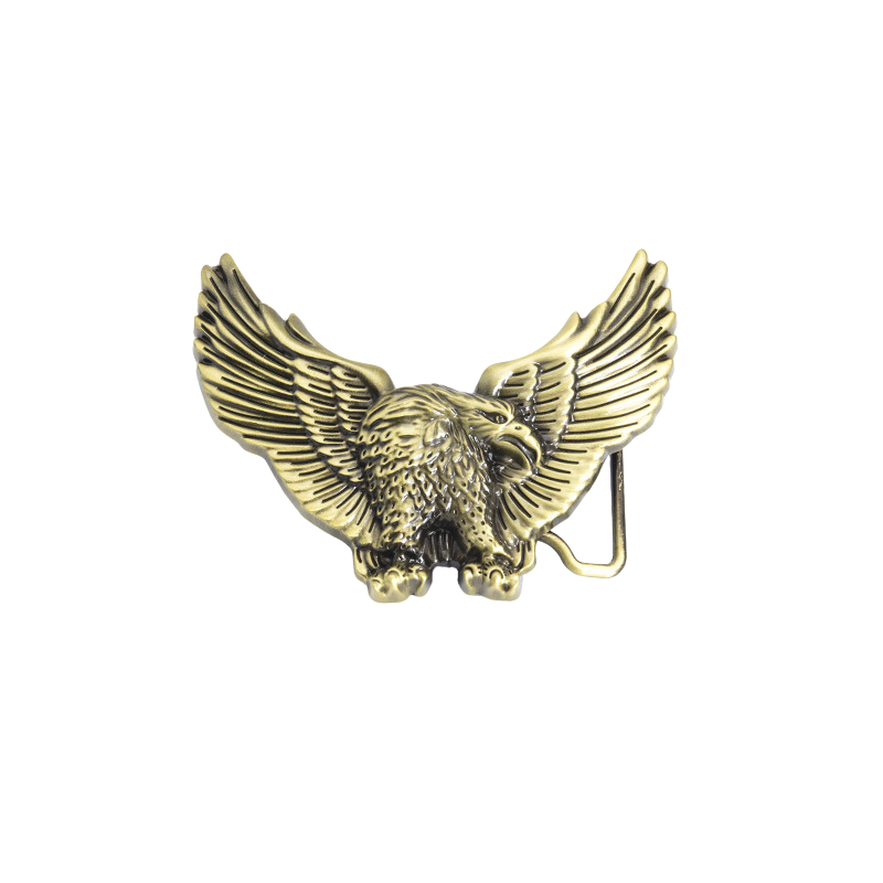 Boucle de ceinture dorée en forme d'aigle aux ailes déployées, avec des détails réalistes sur les plumes et le corps de l'aigle. La boucle est en alliage et mesure 10,2 x 7,8 cm.