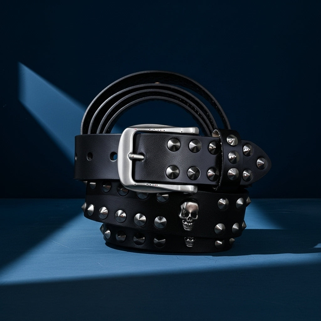 Ceinture punk rock noire pour homme "La Hyène" en cuir clouté avec boucle ardillon argentée et tête de mort décorative. #fullwidth