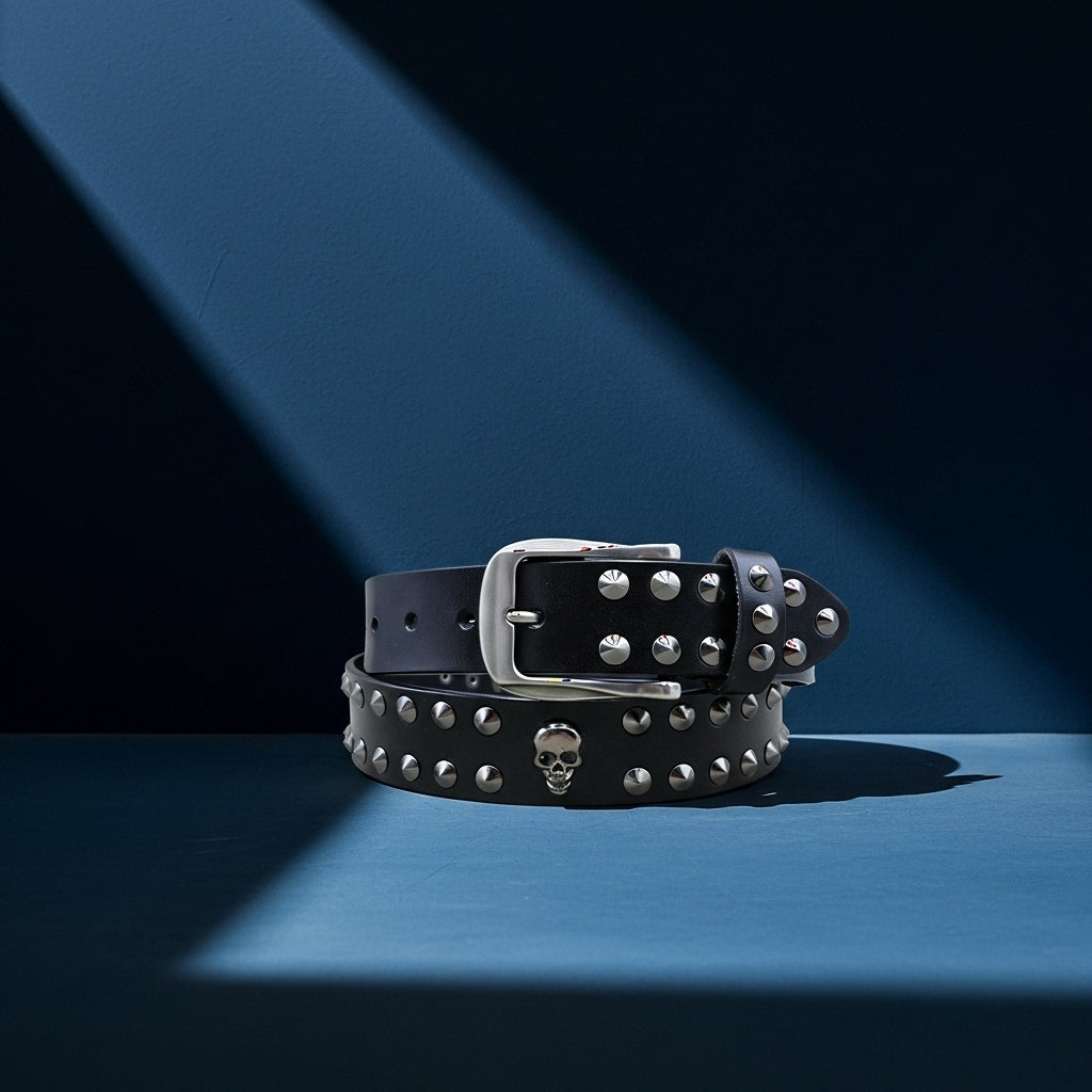 Ceinture punk en cuir noir cloutée avec boucle ardillon argentée et motif tête de mort, largeur 4 cm #fullwidth