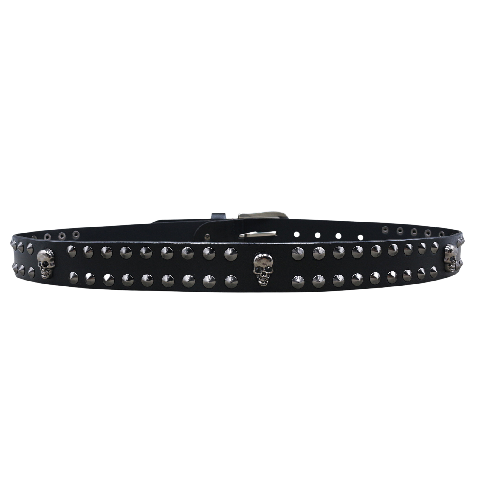 Ceinture homme noire La Hyène en cuir avec clous argentés et têtes de mort décoratives, boucle ardillon argentée et 4 cm de largeur.