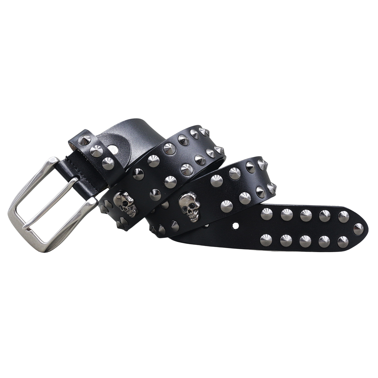 Ceinture pour homme La Hyène en cuir noir clouté avec têtes de mort et boucle ardillon argentée