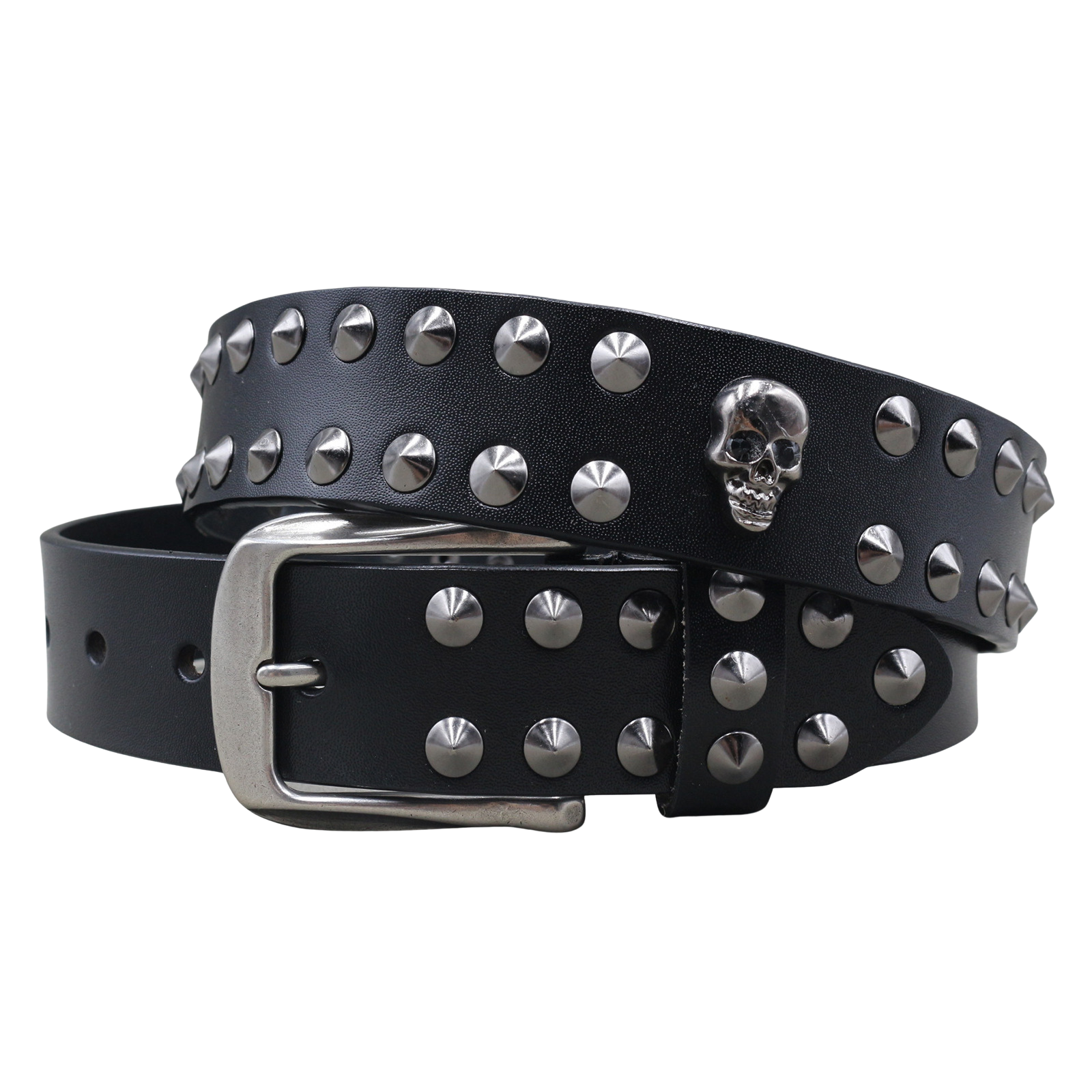 Ceinture La Hyène noire pour homme, en cuir refendu, ornée de clous argentés et d'un motif tête de mort. Boucle ardillon argentée. Style punk rock.