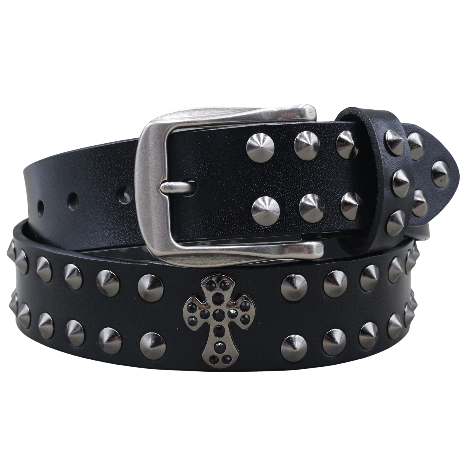 Ceinture unisexe La Poudrière en cuir noir clouté, ornée d'une boucle ardillon argentée et d'une croix décorative au centre.