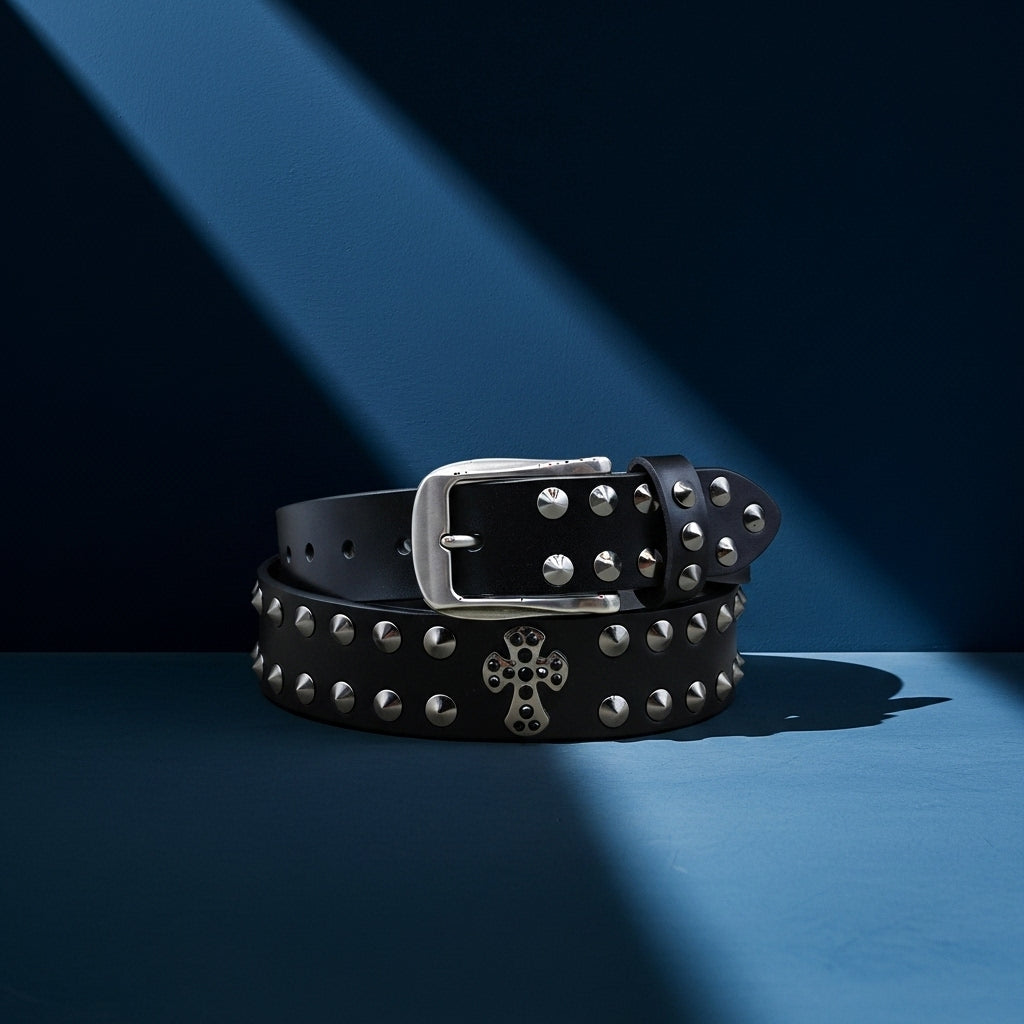 La ceinture La Poudrière unisexe en cuir noir est ornée de clous argentés et d'un pendentif en forme de croix. Elle possède une boucle ardillon rectangulaire argentée. #fullwidth