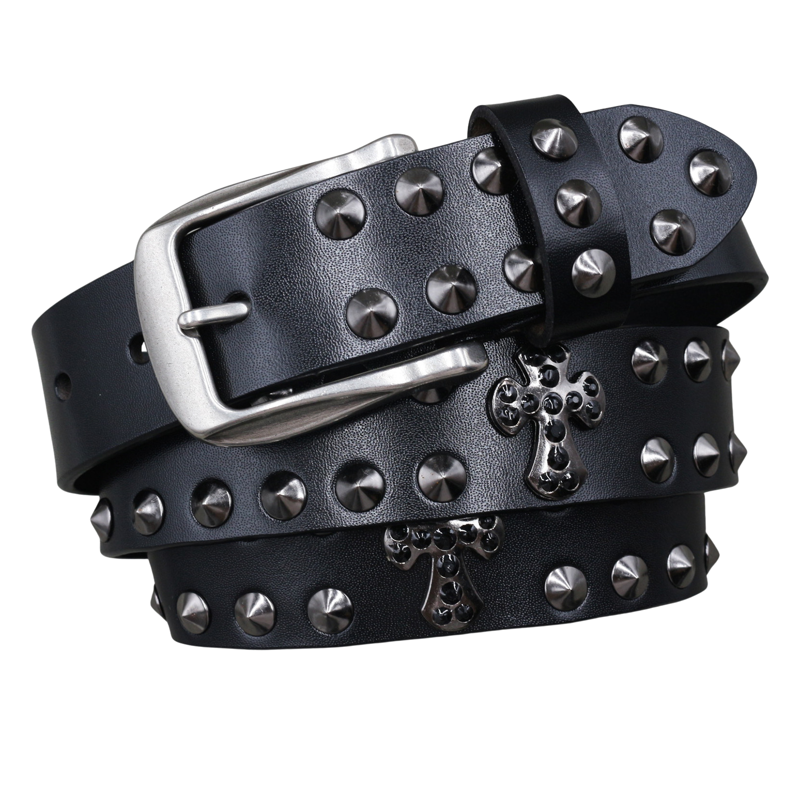 Ceinture unisexe La Poudrière en cuir noir ornée de clous métalliques ronds et de croix décoratives, avec une boucle rectangulaire argentée. #fullwidth