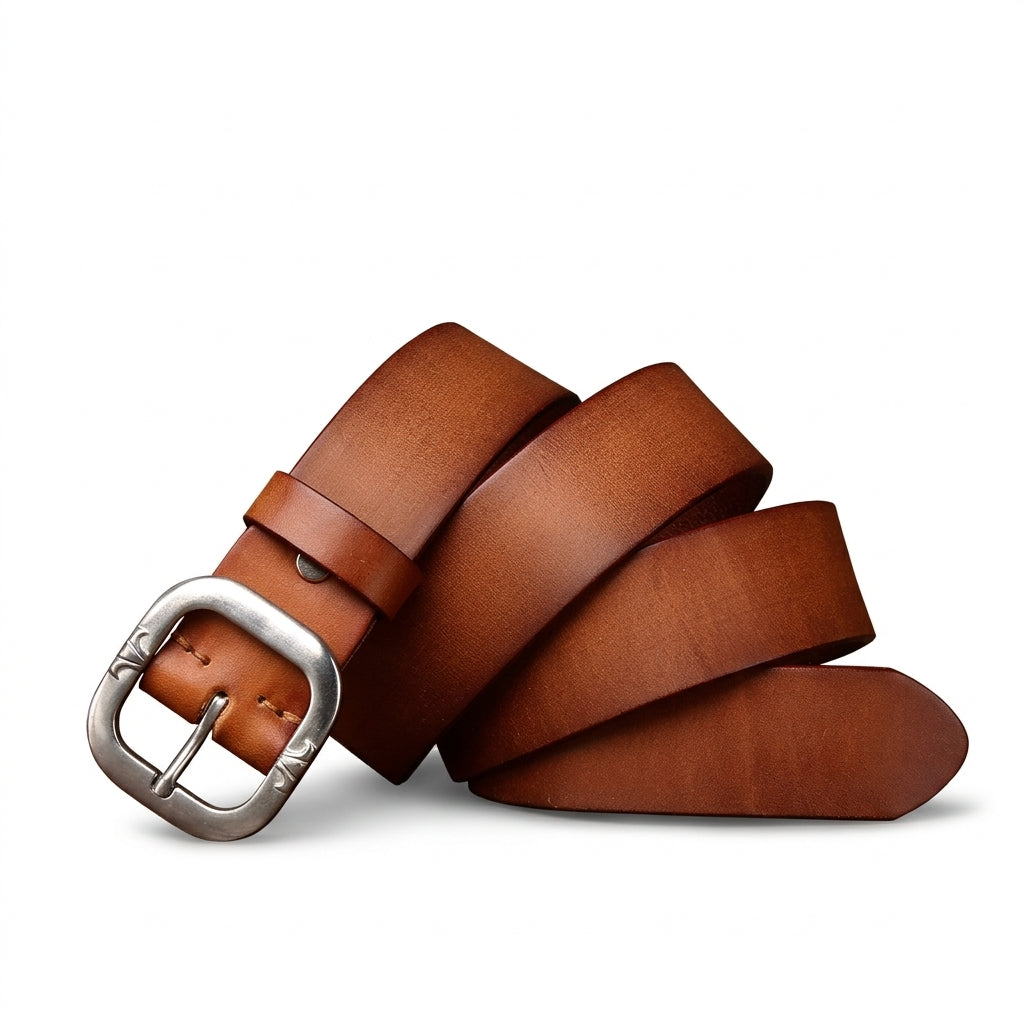 Ceinture homme Langeais en cuir pleine fleur marron avec boucle ardillon carrée en acier vieilli sur fond sombre #fullwidth
