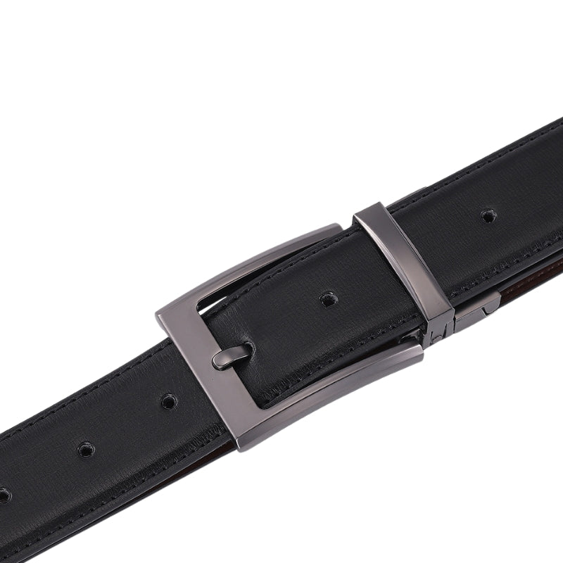 Ceinture Laurent pour homme en cuir de vachette noir, avec boucle ardillon rectangulaire en alliage argenté. La ceinture est double face et peut être retournée.
