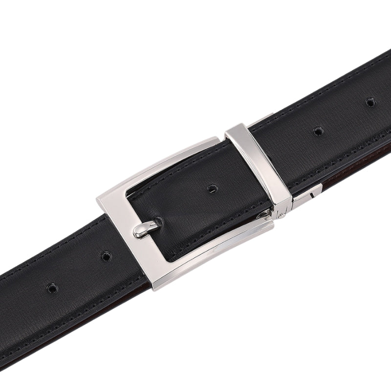 Ceinture Laurent pour homme en cuir noir grainé avec boucle ardillon argentée rectangulaire et système rotatif pour changement de face.