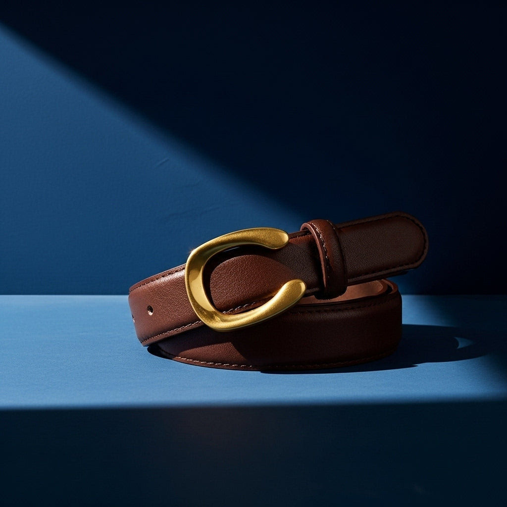 Ceinture Lauriane en cuir marron avec boucle dorée en forme de C. C, vue latérale #fullwidth
