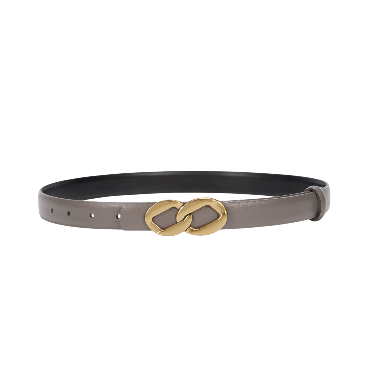 Ceinture femme Laurine en cuir refendu gris, largeur 2,4 cm, avec boucle crochet clou dorée en forme de maillon stylisé. Réversible.