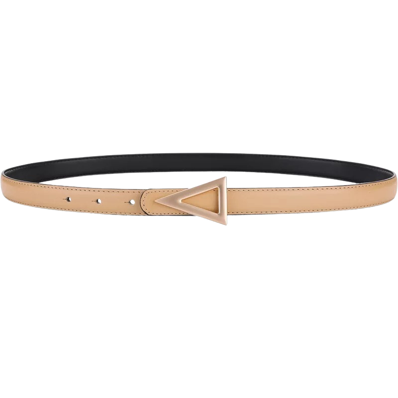 Ceinture femme Légende en cuir beige lisse avec boucle triangulaire dorée, largeur 1.8 cm
