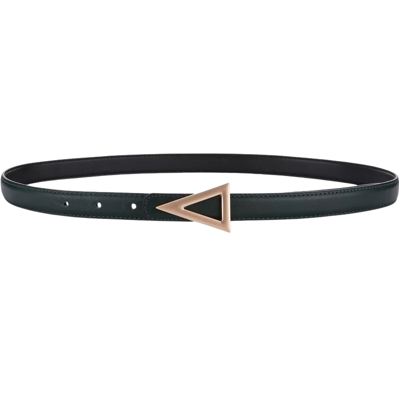 Ceinture fine pour femme, modèle Légende, en cuir refendu vert avec une boucle triangle dorée au design moderne.