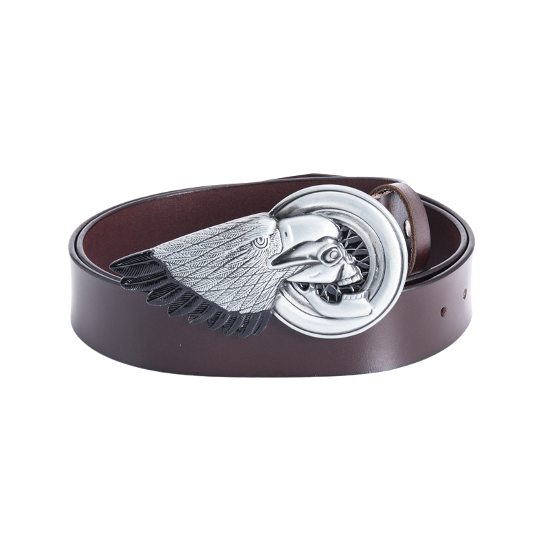 Ceinture Légende homme marron avec boucle argentée en forme d'aigle stylisé et tête de mort, style biker.