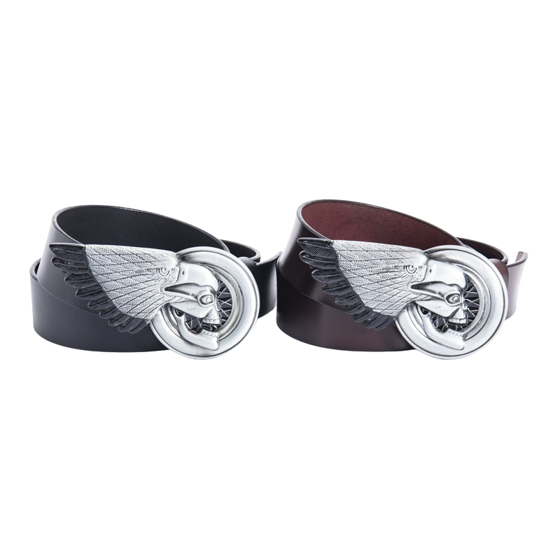 Ceinture Légende en cuir noir et marron avec boucle aigle et roue de moto argentée, style biker