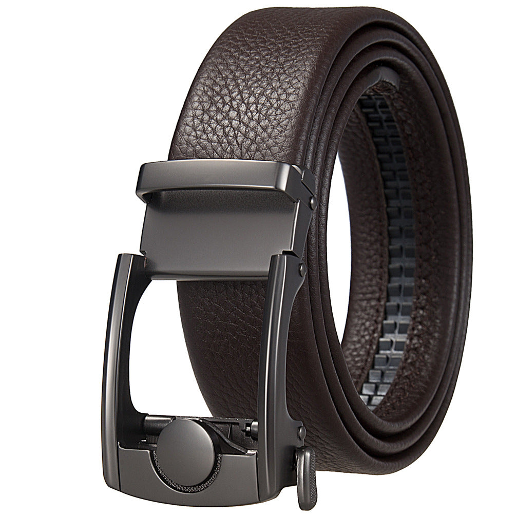 Ceinture homme Léo Bleu en cuir marron grainé avec boucle automatique grise et système de réglage sans trous.
