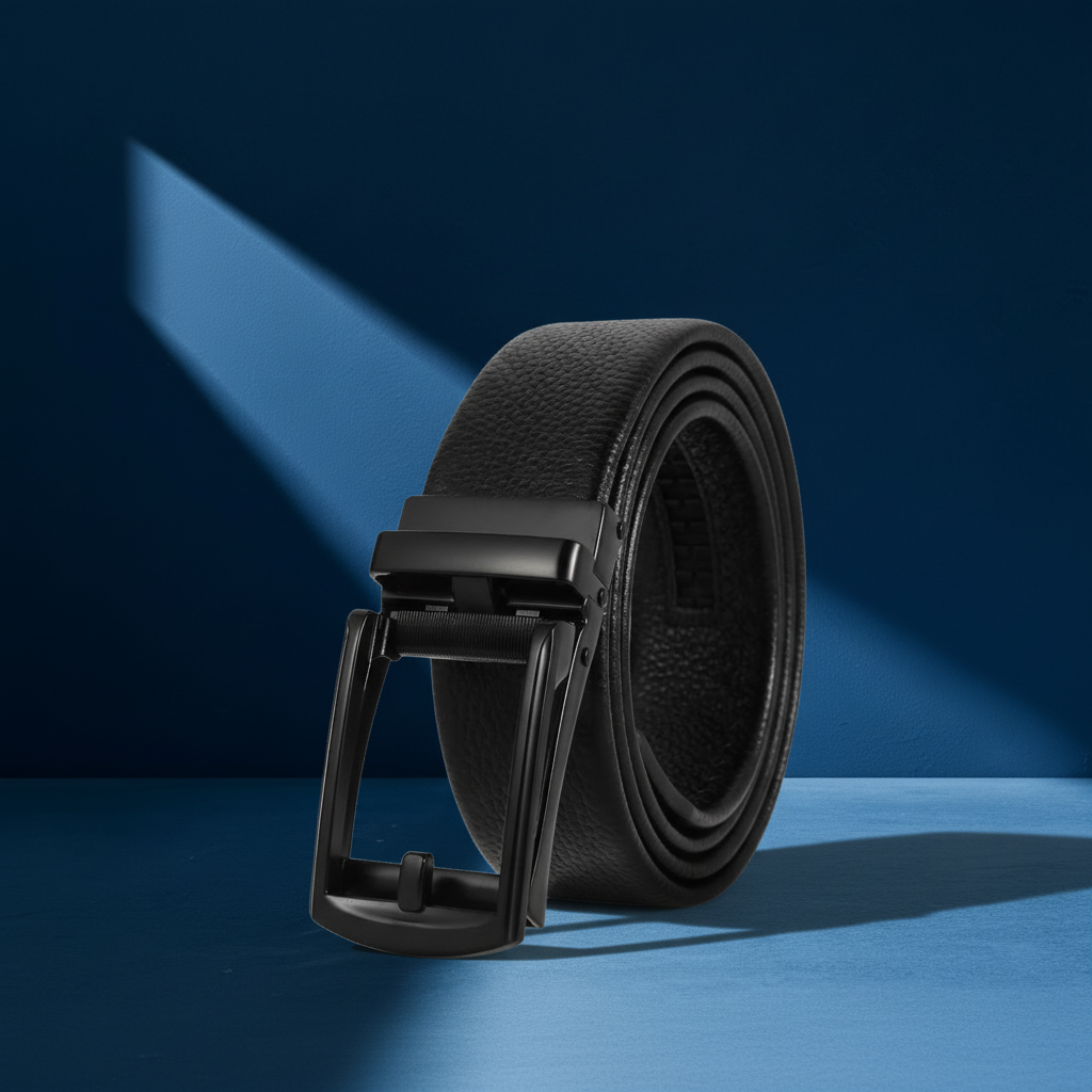 Ceinture Léo pour homme en cuir noir texturé avec boucle automatique rectangulaire en métal noir, 3,5 cm de large. #fullwidth