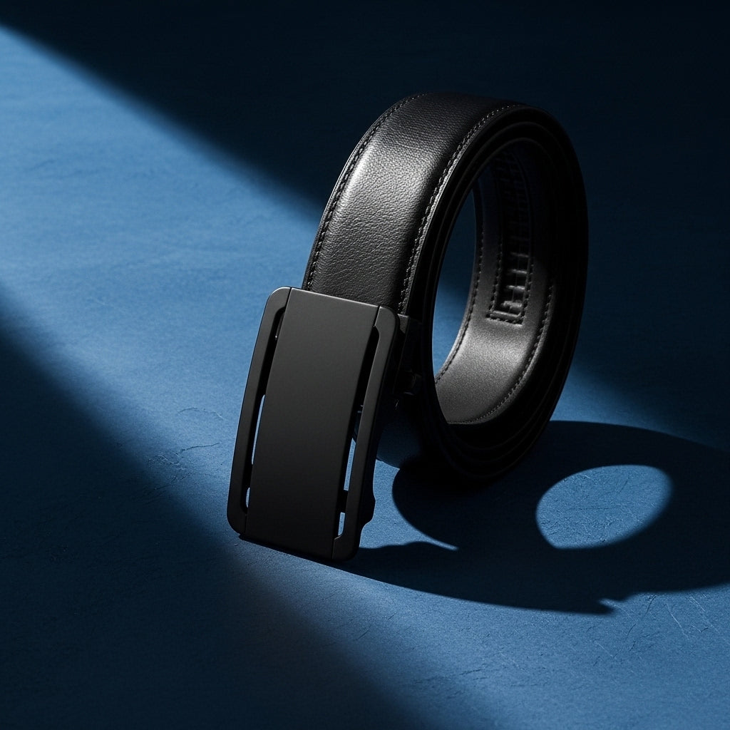 Ceinture Léo Tiss 20 noire pour homme avec boucle rectangulaire automatique en alliage métallique finition argentée sur fond bleu. #fullwidth