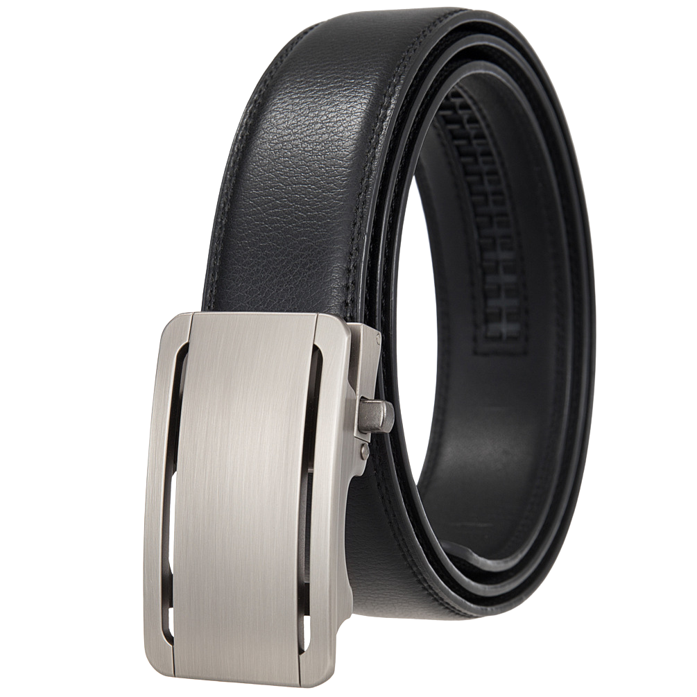 Ceinture Léo Tiss 20 pour homme, en cuir noir avec boucle rectangulaire automatique argentée. #fullwidth