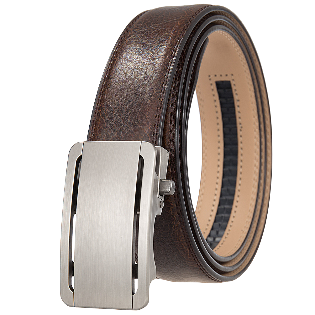 Ceinture Léo Tiss 60 pour homme en cuir marron avec boucle rectangulaire automatique argentée, finition sobre et élégante.