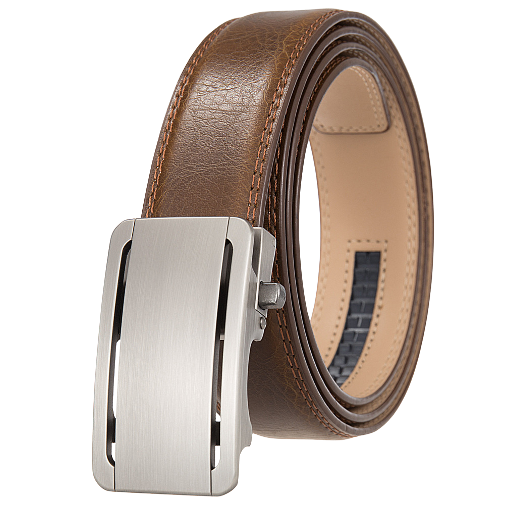 Ceinture Léo Tiss 60 marron en cuir avec boucle rectangulaire argentée automatique